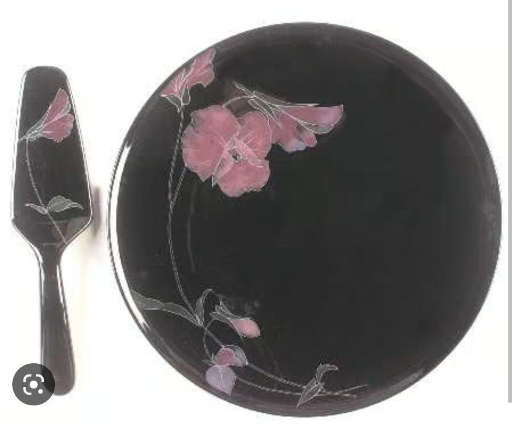 Mikasa Tango China 12 1/4" Flat Cake Serving Plate w/ server black purple floral